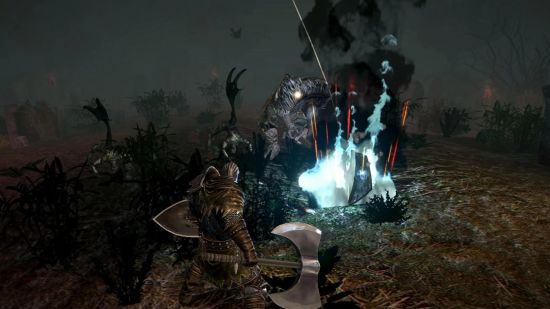 Soulslike games: A screenshot from Animus showing a warrior stood in front of dead bodies