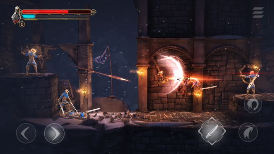 Soulslike games: a screenshot from Grimvalor showing archers firing arrows at a warrior