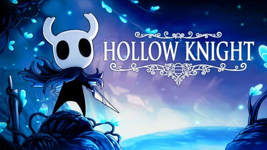 Soulslike games: Hollow Knight key art showing the titular character in a cave next to the title