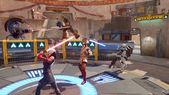 Star Wars: Hunters review - two lightsaber hunters facing off in the center of a map