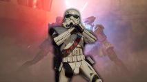 Star Wars: Hunters review - a stormtrooper cracking his knuckles while people fighting with lightsabers behind him