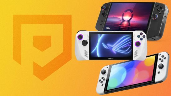Custom image for Steam Deck alternatives guide with a Switch OLED, Lenovo Legion Go, and ASUS ROG Ally all on a yellow background