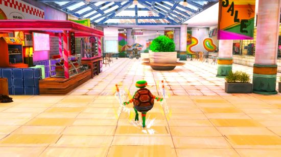 Michelangelo skipping through a mall in tmnt mutants unleashed