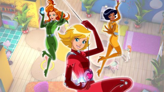 Totally Spies! - Cyber Mission release date: Sam, Clover, and Alex swinging into action with a screenshot of a room behind them