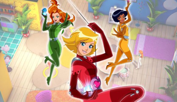 Totally Spies! - Cyber Mission release date: Sam, Clover, and Alex swinging into action with a screenshot of a room behind them