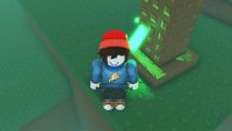 Unknown RNG codes - an avatar in a red beanie and blue pizza jumper stood on grass next to a tree