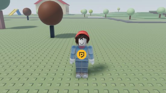 Untitled FNF Animations codes: A Roblox character wearing a PT shirt standing in a pale grass field with a brown spherical treee in the background