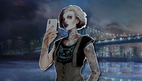 Hope from Vampire: The Masquerade - CoNY holding up her smartphone. She is outlined in white and pasted on a slightly blurred painterly background of the Brooklyn Bridge in New York City