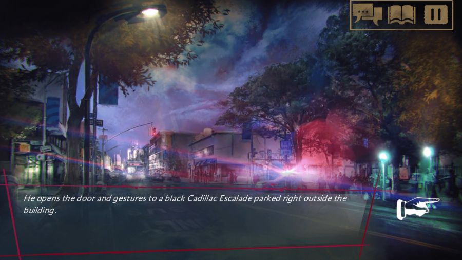 A screenshot from Vampire: The Masquerade CoNY showing dialog and a street scene