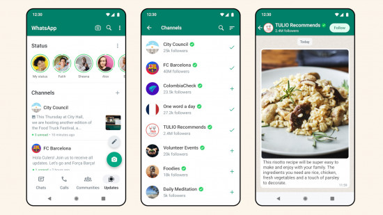 WhatsApp download: Three phones using various WhatsApp features on a cream background