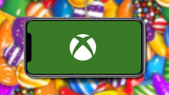 Xbox mobile gaming store: An iPhone with the Xbox white logo on a green background on the screen. This is outlined in white and pasted on a blurred Candy Crush background