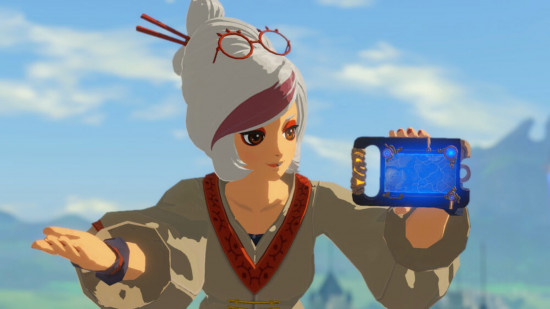 Zelda characters - Purah holding a sheikah plate with the sky in the background