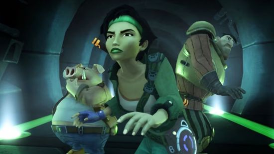 Beyond Good and Evil switch release - three characters in a tunnel with green lights