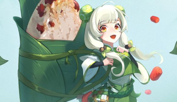 Isekai Feast codes - a girl dressed in green holding a giant rice ball