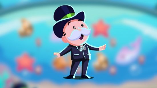 Monopoly Go aqua partners - the monopoly man wearing a suit and a hat on a blurred blue background
