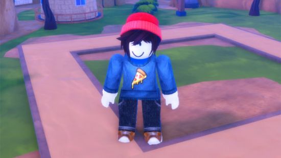 Anime Defenders stats - an avatar in red beanie and blue pizza jumper stood on top of an ubuilt base on some grass