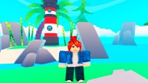 screenshot of character standing in front of a lighthouse in anime punching simulator 2