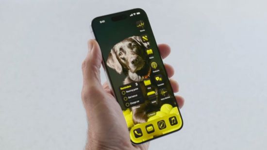 Screenshot of the new home screen display with a dog background for Apple, AI, and iOS 18 feature