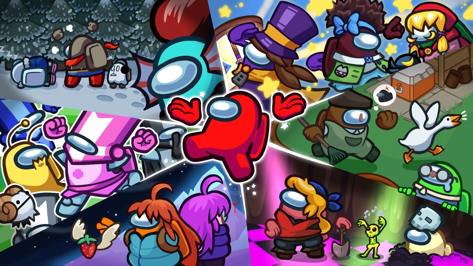 Best Android games: Among Us. Image shows a bunch of Crewmates dressed as different indie characters in a promotional image made for the game.