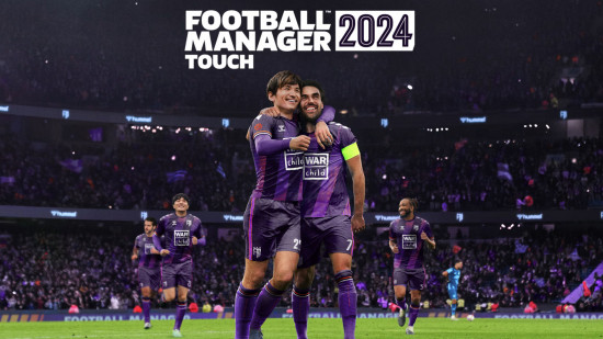Official art for Football Manager 2024 Touch with two players hugging for best Apple Arcade games guide