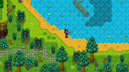 Best Nintendo Switch games: a pixelated scene shows a character stood in a meadow, ready to fish in a lake 