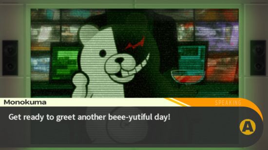 Screenshot of a conversation with a terrifying bear in Danganronpa: Trigger Happy Havoc for best PS Vita games guide