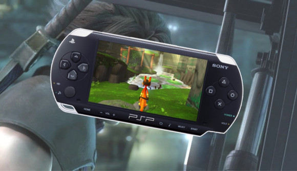 Best PSP games - a PSP console with Daxter on it in front of Zack Fair from Crisis Core