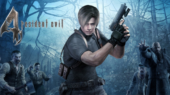 Leon front and centre holding a gun on RE4 cover for best Resident Evil games list