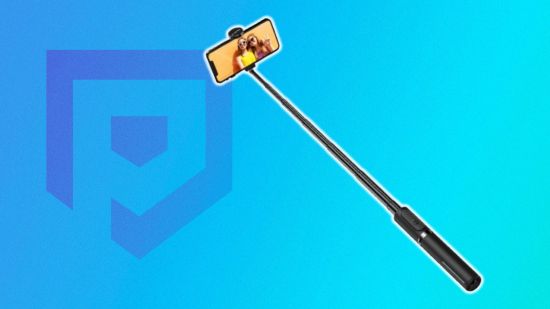 One of the best selfie sticks on a blue background in an extended shape