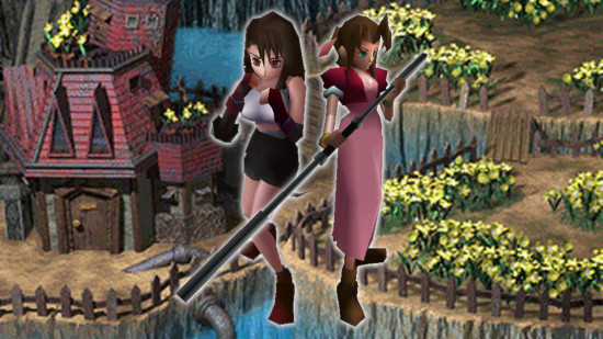 Best Switch RPGs - Tifa and Aeris from Final Fantasy 7 against an image of a house in a flower field