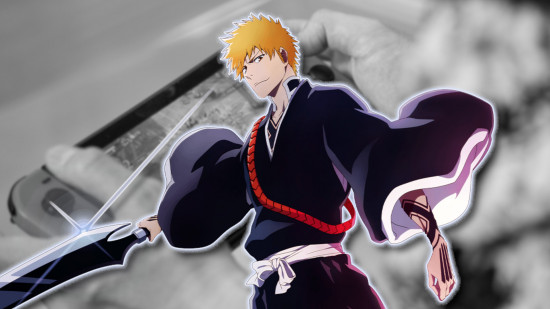 Bleach Brave Souls Switch: Key art of Ichigo Kurasaki outlined in white and pasted on a greyscale image of his VA's hands playing the game on a Switch