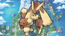 Buneary evolution - Buneary and Lopunny in front of a map of Sinnoh