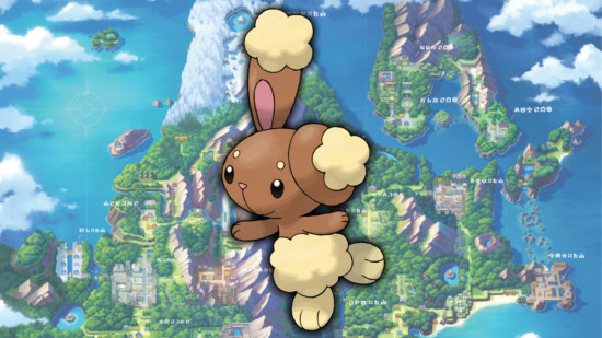 Buneary evolution - Buneary in front of a map of Sinnoh