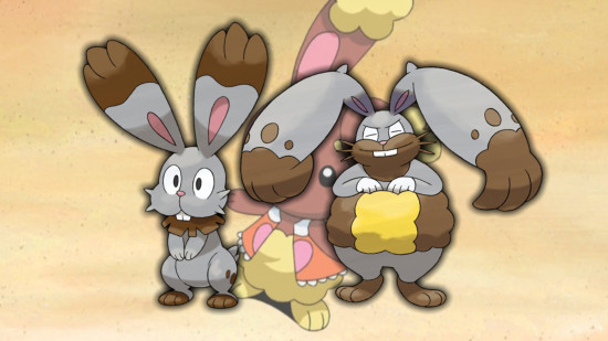 Bunny Pokemon Nunelsby and Diggersby in front of a Buneary
