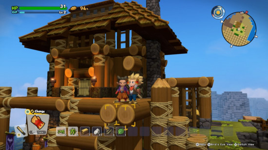 Städtebauspiele: Ein Screenshot von Dragon Quest Builders 2, der zwei Chibi-Figuren auf einer Holzhütte zeigt