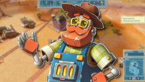 City builder games: Jack Clutchsprocket from Steamworld Build outlined in white and pasted on a blurred game screenshot