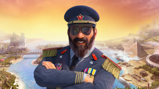 Städtebauspiele: El Prezidente aus Tropico 6 trägt eine Pilotenbrille und lächelt mit verschränkten Armen vor einem Sonnenuntergang