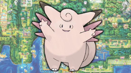 Clefairy evolution - Clefable in front of a map of Kanto