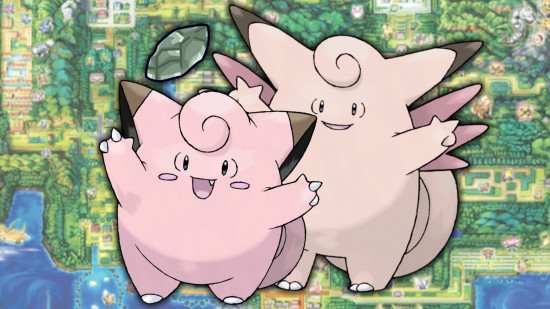 Clefairy evolution - Clefairy, a moonstone, and Clefable in front of a map of Kanto