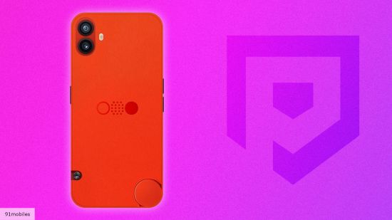 Leaked CMF Phone 1 design in red courtesy of 91mobiles on a purple background
