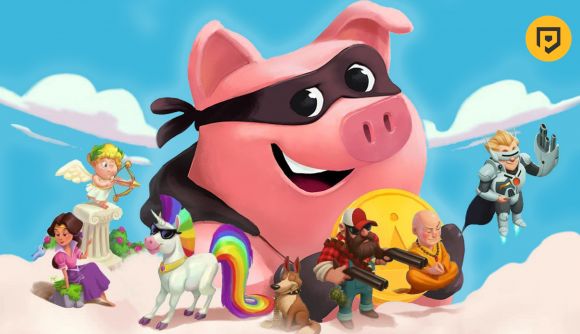 A pig in a black mask giving out Coin Master free spins and coins up in the clouds