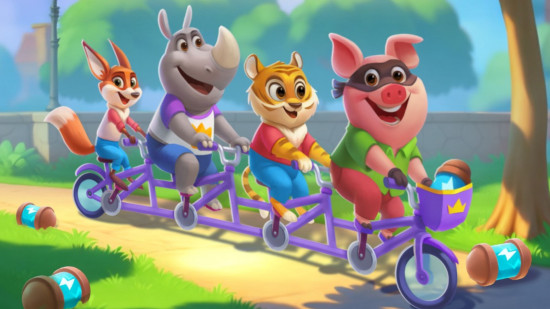 Custom image for Coin Master village cost guide with the Coin Master pig and his friends on a long bike