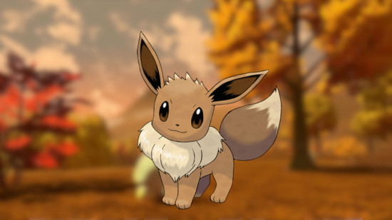 Custom image of Eevee on an autumnal Pokemon Legends Arceus background for cutest Pokemon guide