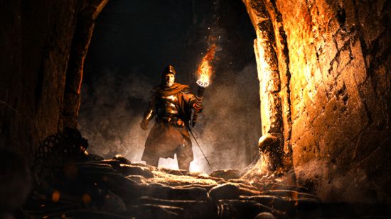 image of a dark and darker mobile character holding a lit torch to illuminate a dungeon