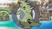 Dark Pokemon weakness icon behind Tyranitar in front of a map of Johto