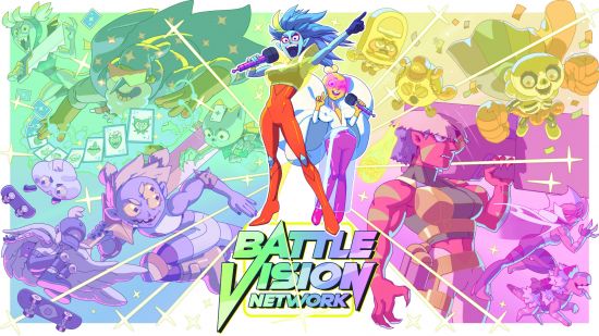 Day of the Devs 2024: Key art for Battle Vision Network featuring two main characters in a pastel rainbow starburst