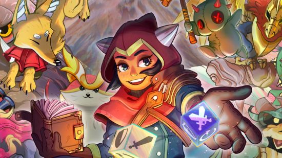 dicefolk switch release - key art showing the games character holding dice