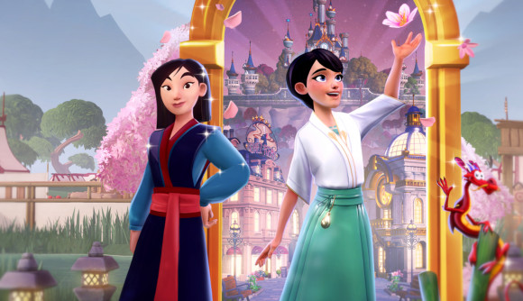 Disney Dreamlight Valley Mulan: Mulan and the player character standing outside an archway leading to Disney and Paris, with Mushu on the right and a cherry blossom tree on the left