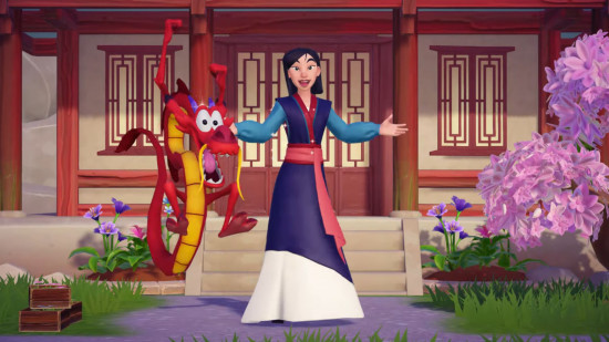 A screenshot of Mulan and Mushu from the current Disney Dreamlight Valley update