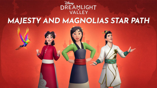 A shot of Mulan and two characters dressed in Mulan-themed clothing from the Disney Dreamlight Valley Majesty and Magnolias Star Path